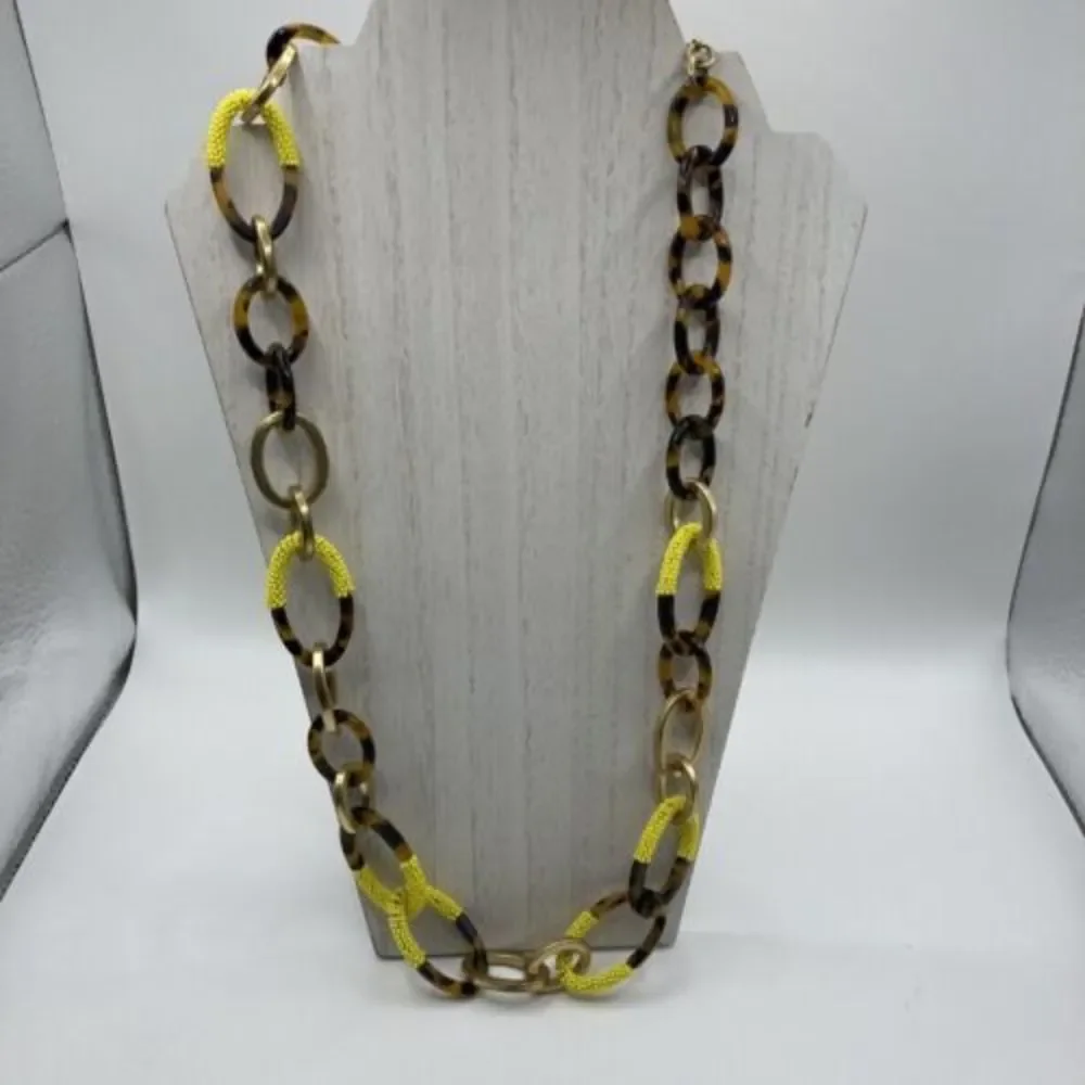 J.Crew‎ Tortoise Links yellow seed beads gold tone 30